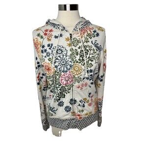 Vintage Lucky Brand Hoodie Sweatshirt Women's  Large Cream Asian Floral Y2K Read